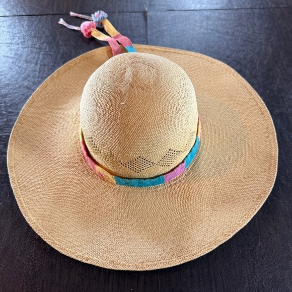 Artisanal Colorful Panama Style Straw Sun Hat with Stipes and Pom Poms